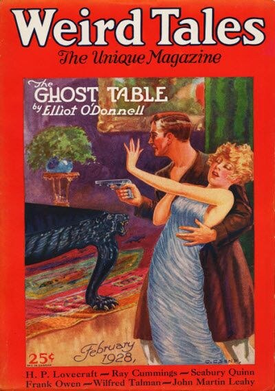 Weird Tales cover, February 1928, by C. C. Senf, illustrating The Ghost-Table