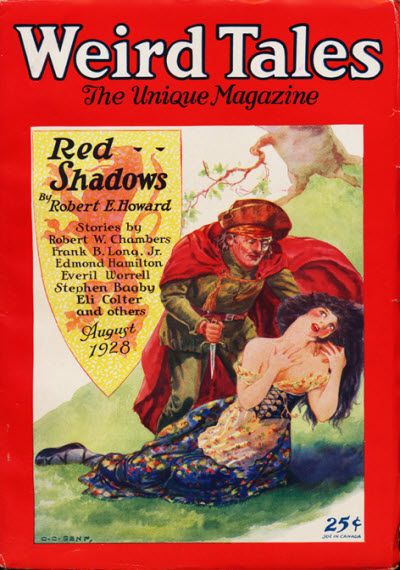 Weird Tales cover, August 1928, by C. C. Senf, illustrating Red Shadows