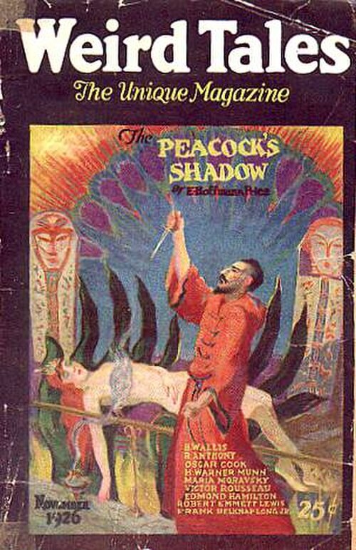 Weird Tales cover, November 1926, by E. M. Stevenson, illustrating The Peacock’s Shadow