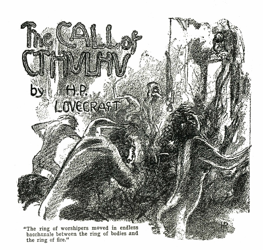 Interior for “The Call of Cthulhu.” Weird Tales, February 1928. Art by Hugh Rankin.