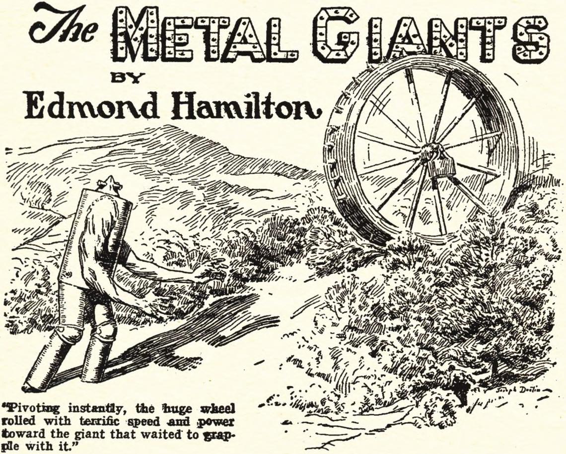 Interior for “The Metal Giants.” Weird Tales, December 1926. Art by Joseph Doolin.