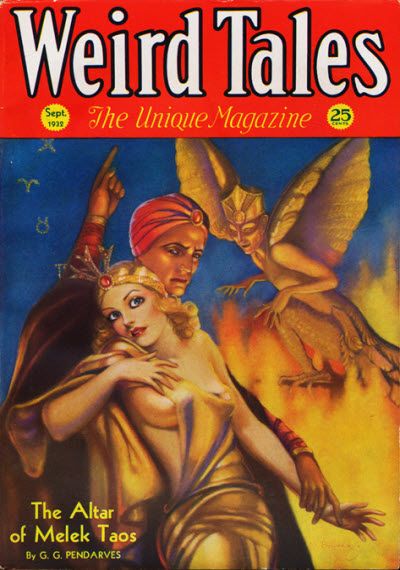 Weird Tales cover, September 1932, by Margaret Brundage, illustrating The Altar of Melek Taos